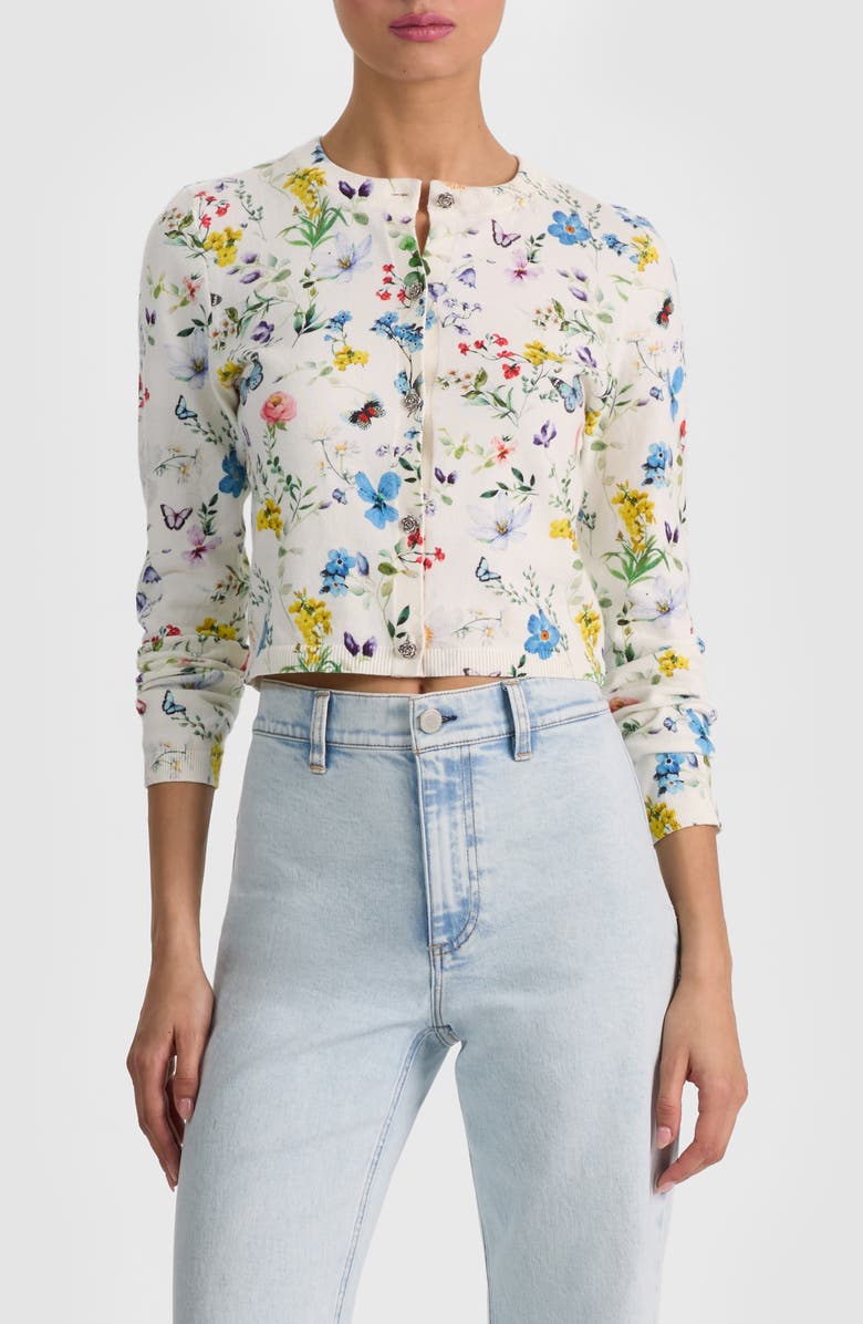 Alice + Olivia Carson Floral Cotton Blend Cardigan, Main, color, Twisting Vines Off White