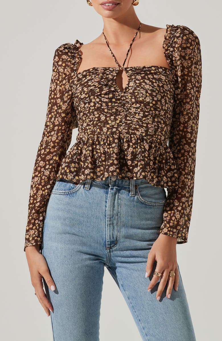 ASTR the Label Toni Tie Neck Peplum Top, Alternate, color, Brwn Yl Di