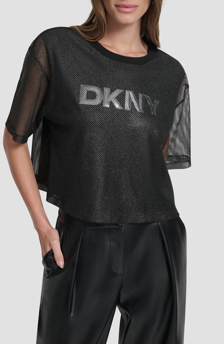 DKNY Mesh Overlay Logo Top, Main, color, Black