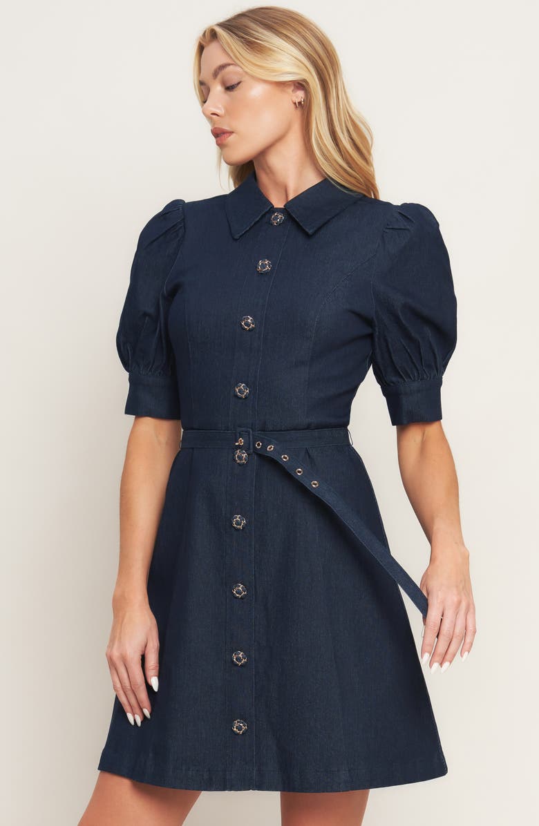 FLYING TOMATO Puff Shoulder Denim Minidress, Alternate, color, Dark Indigo