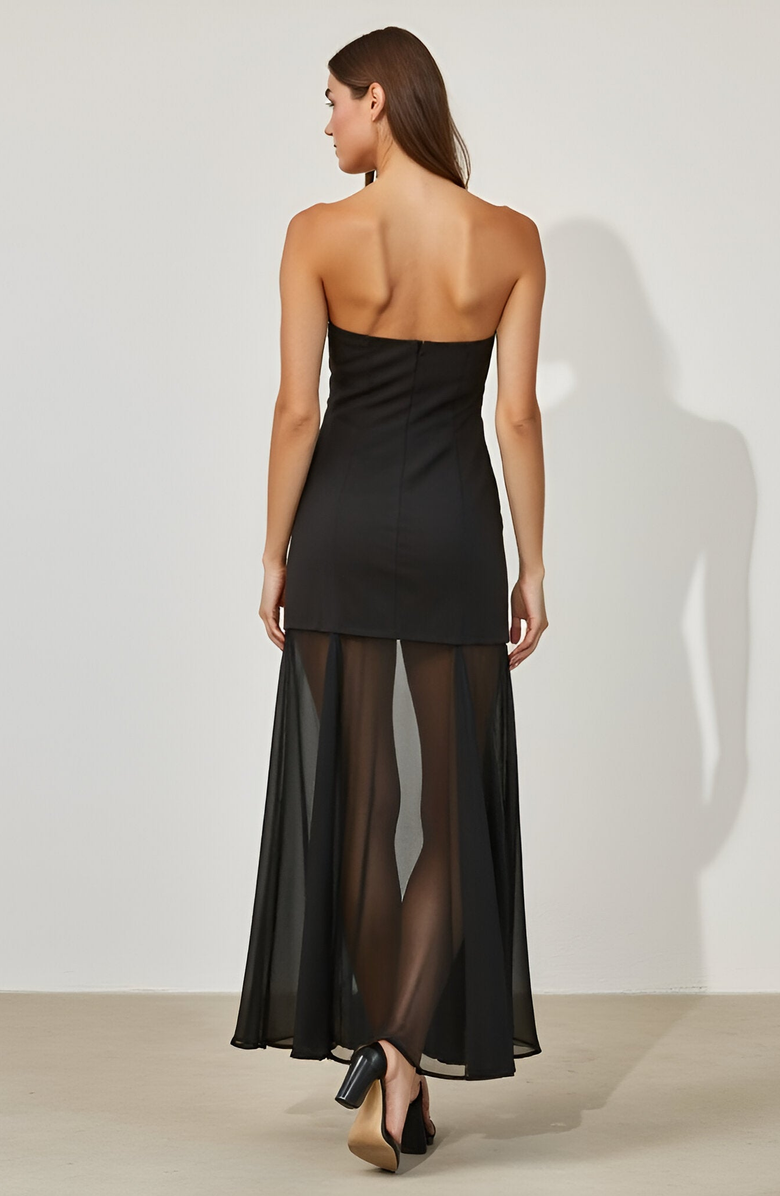 Modenaire Strapless Bodycon Dress with Sheer Flared Hem and Side Slit Detail, Alternate, color,
