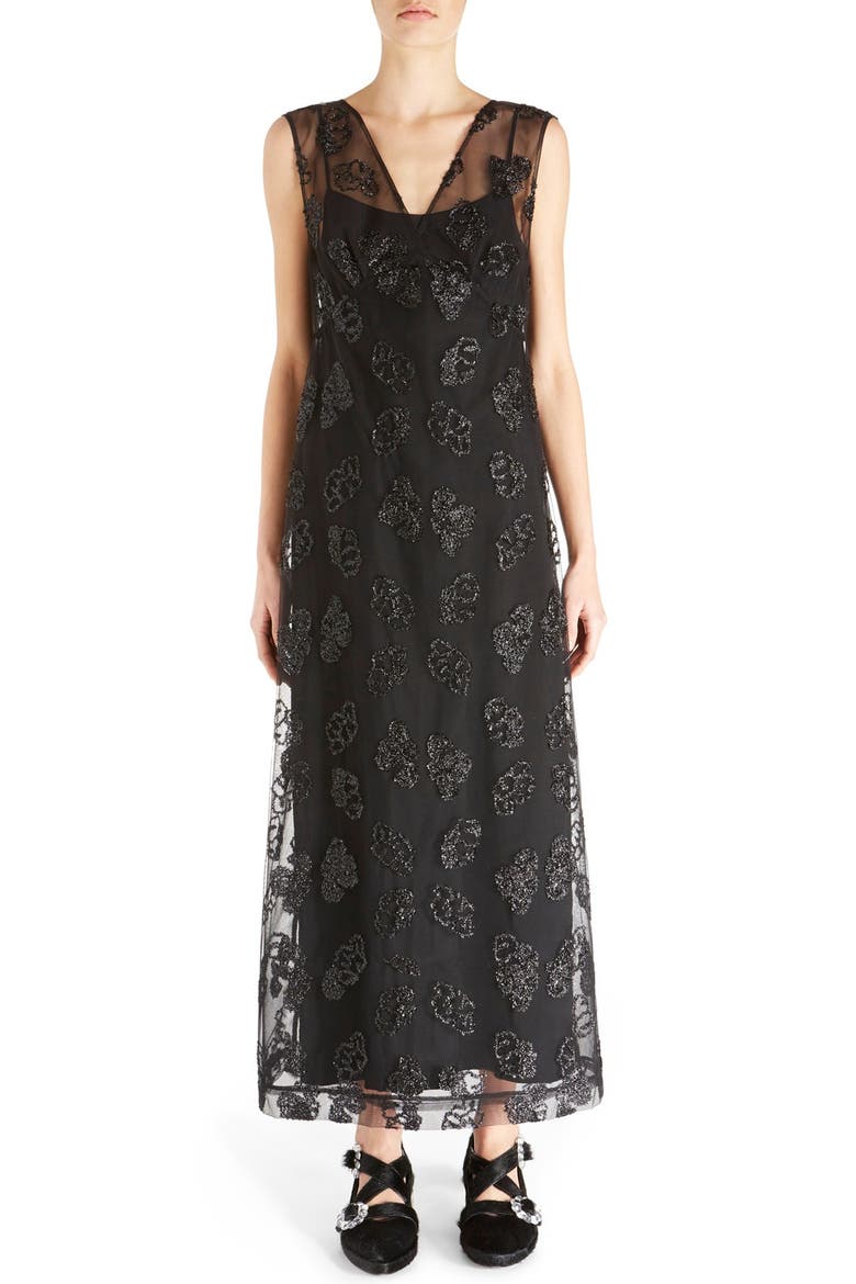 Tinsel Embroidered V-Neck Maxi Dress, Main, color, BLACK