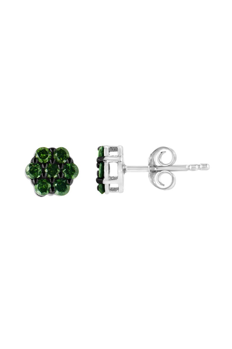 Silver 4.0 Cttw Round Treated Green Diamond Floral Cluster Stud Earring, Alternate, color, Green Diamond | White