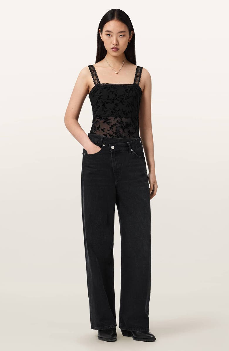 AllSaints Charli Semisheer Flocked Bodysuit, Alternate, color, Black