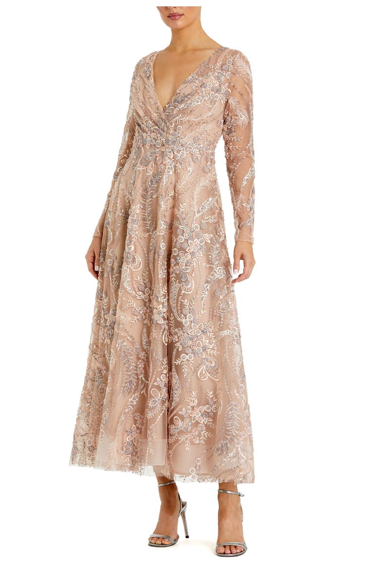 Mac Duggal Floral Embroidered V-Neck Long Sleeve Midi Dress, Main, color, Champagne