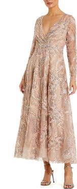 Mac Duggal Floral Embroidered V-Neck Long Sleeve Midi Dress