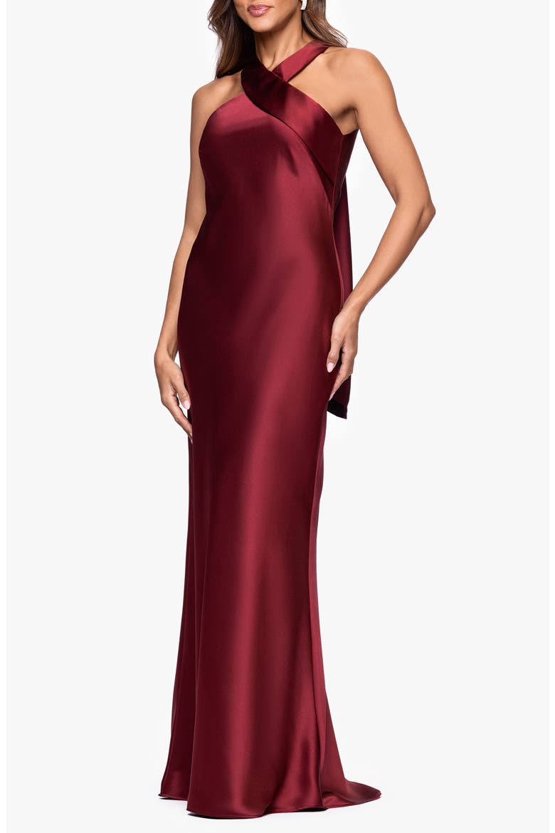 Halter Neck Satin Trumpet Gown, Alternate, color, WINE