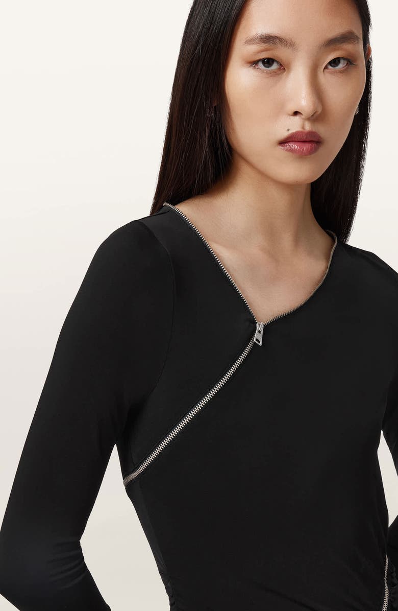 AllSaints Elsie Zipper Long Sleeve Body-Con Maxi Dress, Alternate, color, Black