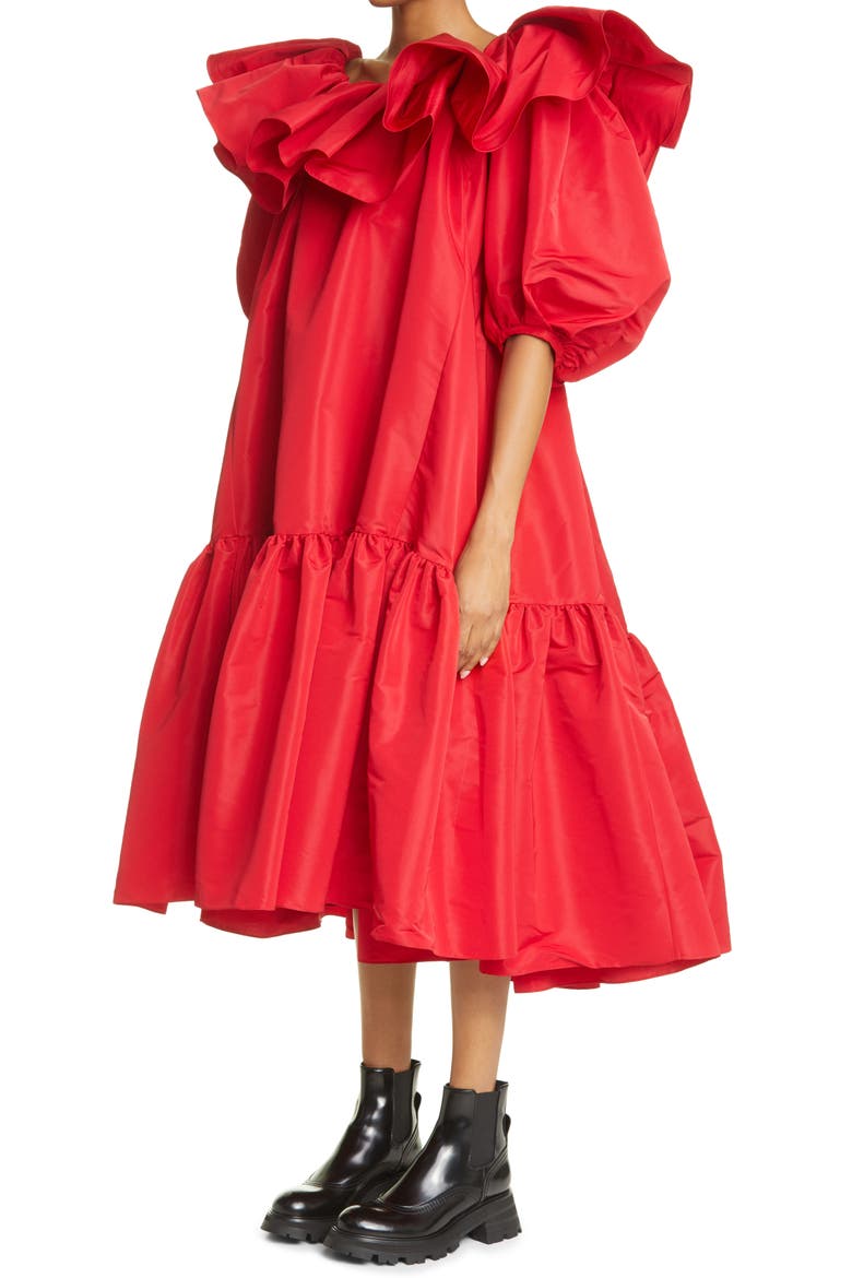 Alexander McQueen Ruffle Puff Sleeve Drop Waist Midi Dress, Alternate, color, WELSH RED
