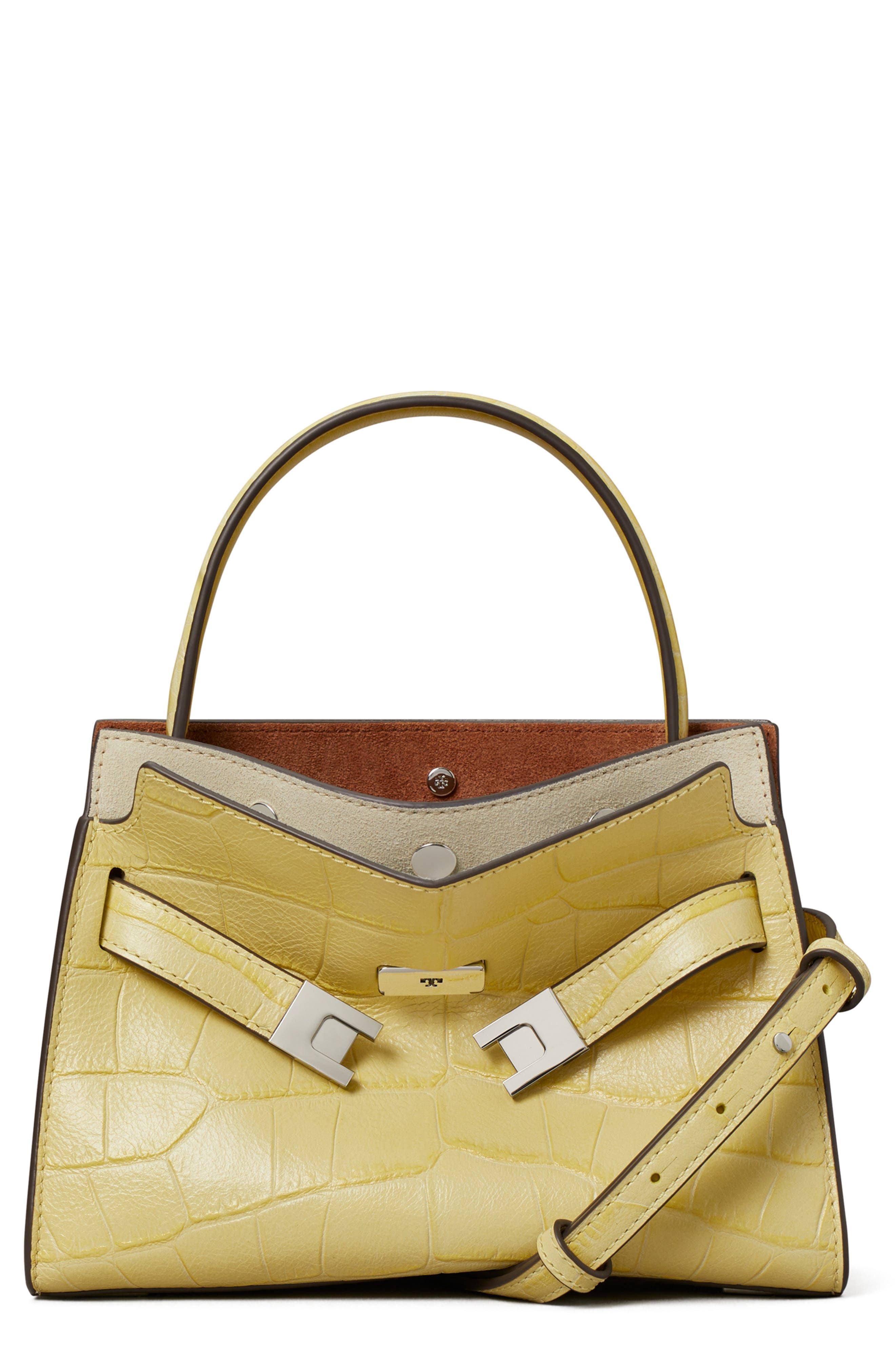 Tory Burch Petite Lee Radziwill Embossed Leather Double Bag, Main, color, Yellow Sky