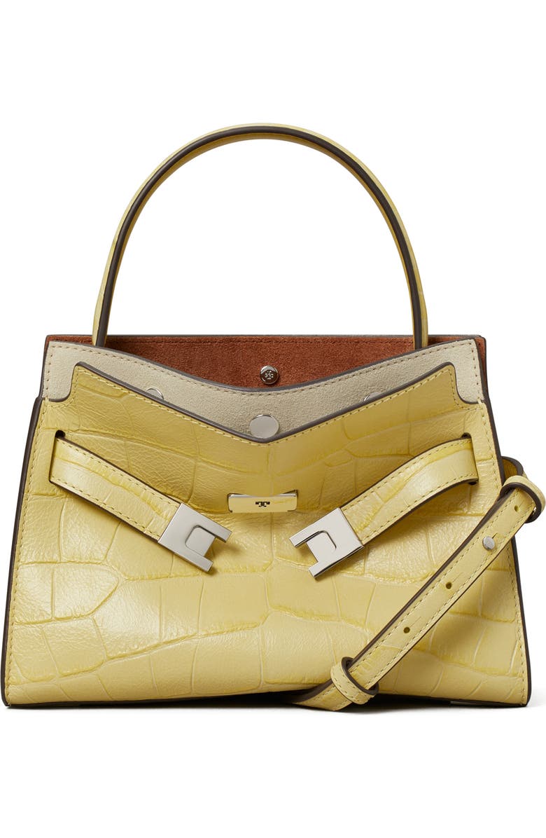 Tory Burch Petite Lee Radziwill Embossed Leather Double Bag, Main, color, Yellow Sky