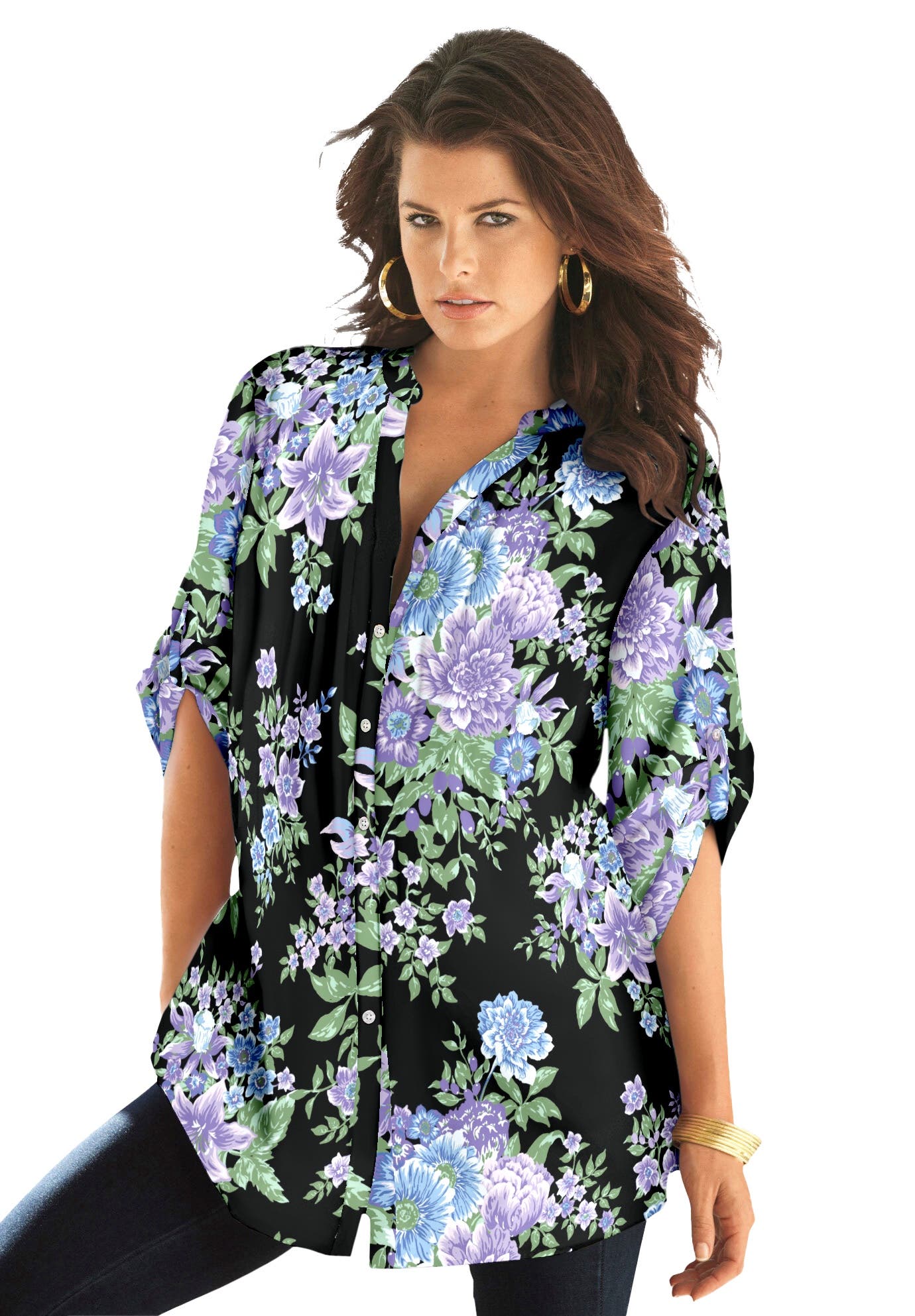 Pintuck Tunic Blouse Y-Neck & Roll-Tab Sleeves - image 3