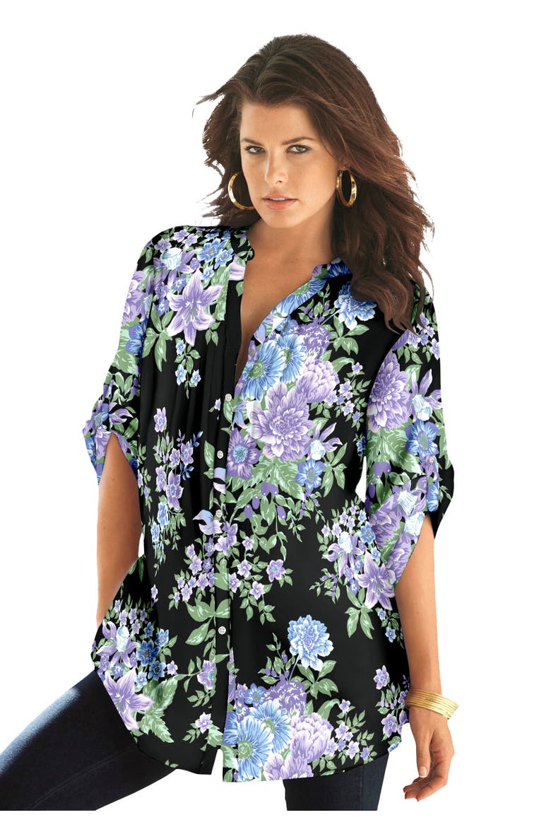 Pintuck Tunic Blouse Y-Neck & Roll-Tab Sleeves, Main, color, BLACK FLORAL