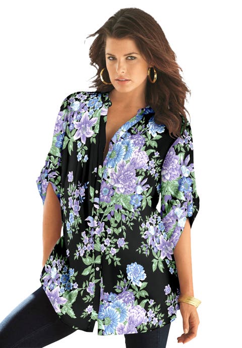 Pintuck Tunic Blouse Y-Neck & Roll-Tab Sleeves (Plus)