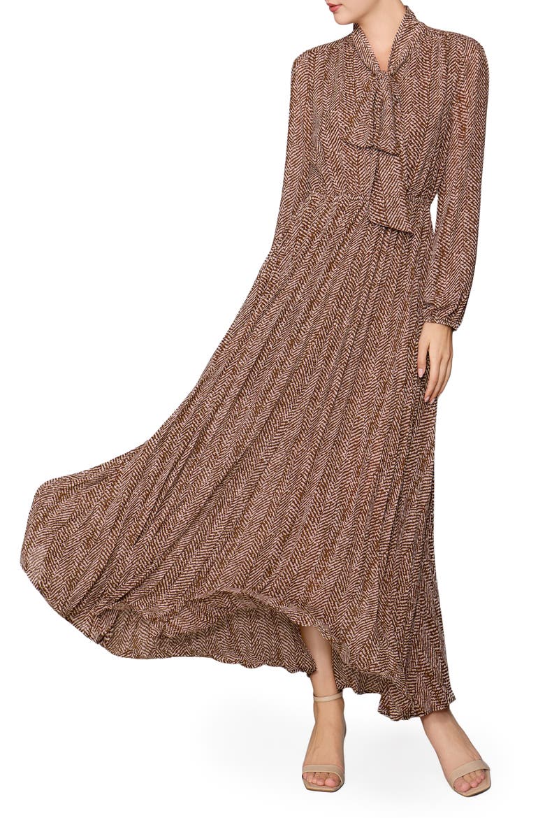 Pleated Long Sleeve Maxi Dress, Alternate, color, BROWN GEO