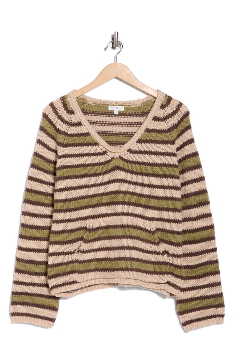 Blu Pepper Stripe V-Neck Sweater, Alternate, color, Olive Multi
