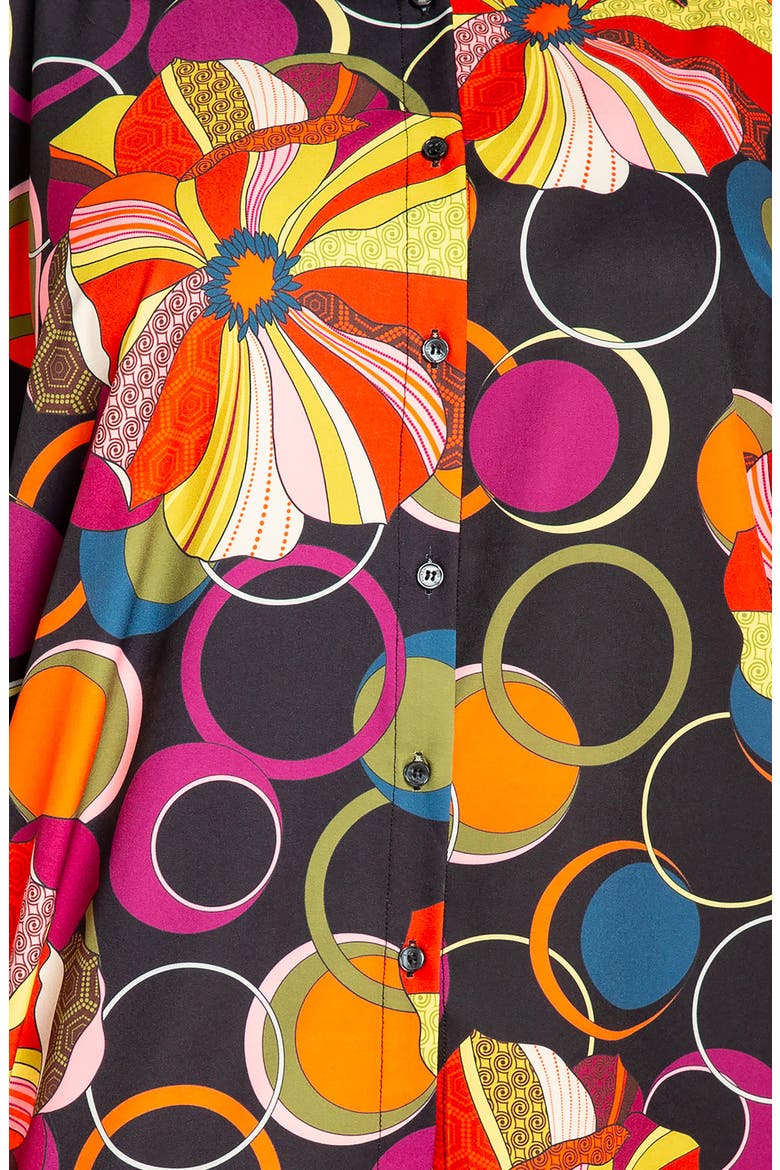 Mixed Geo Print High-Low Button-Up Shirt, Alternate, color, BLACK MULTI