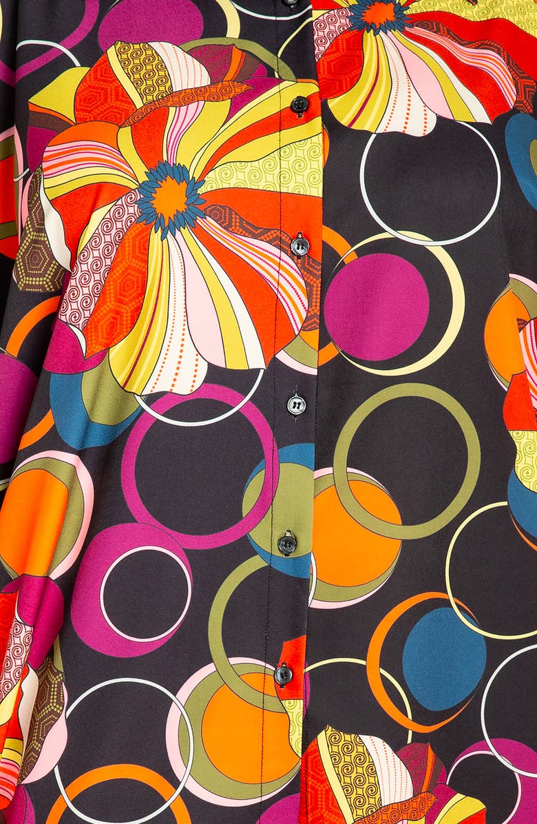 BUXOM COUTURE Mixed Geo Print High-Low Button-Up Shirt, Alternate, color, Black Multi