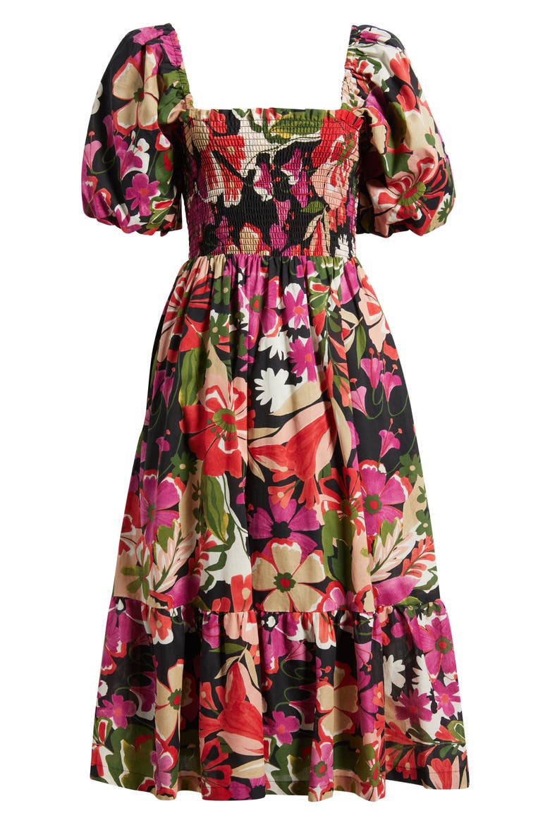 Puff Sleeve Smocked Bodice Cotton Sundress, Alternate, color, ANNE BLACK MULTI