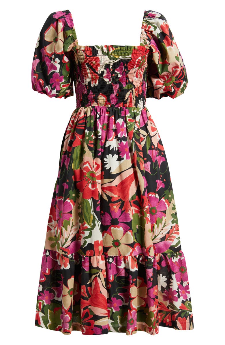 Anne Klein Puff Sleeve Smocked Bodice Cotton Sundress, Alternate, color, Anne Black Multi