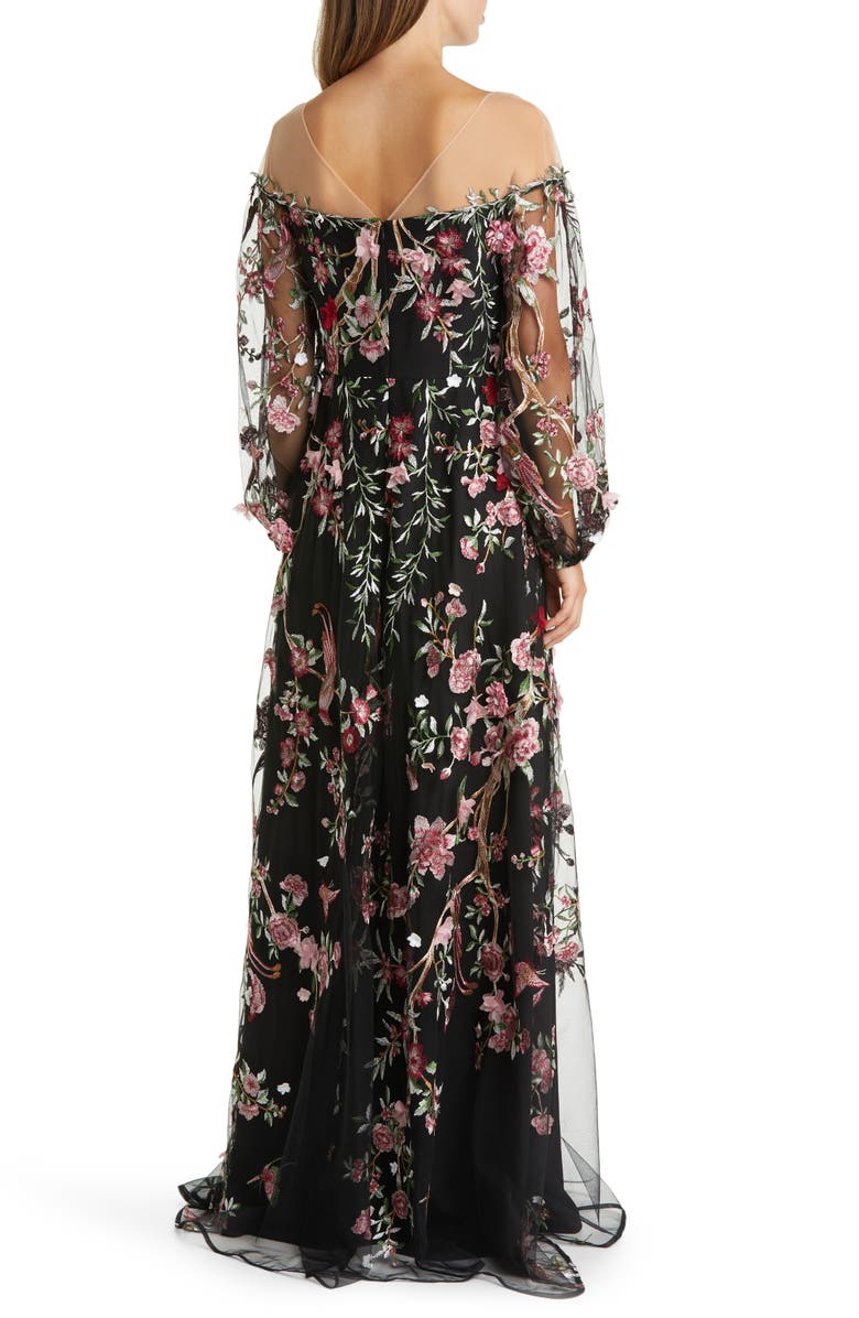 Marchesa Notte Floral Embroidery Long Sleeve Gown, Alternate, color, 