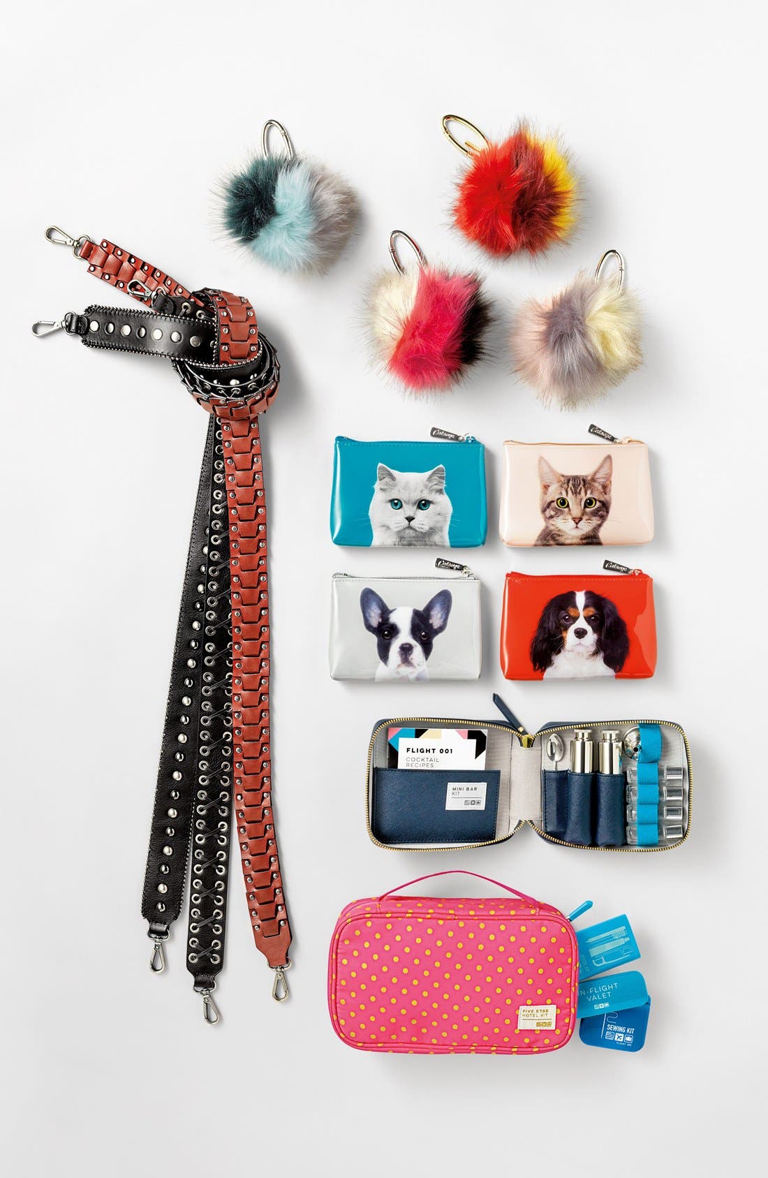 Patchwork Faux Fur Pompom Bag Charm, Alternate, color, BLACK/ PINK/ WHITE