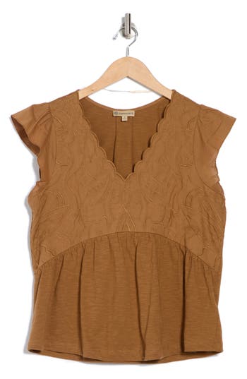 Democracy Embroidered Peplum Top In Brown
