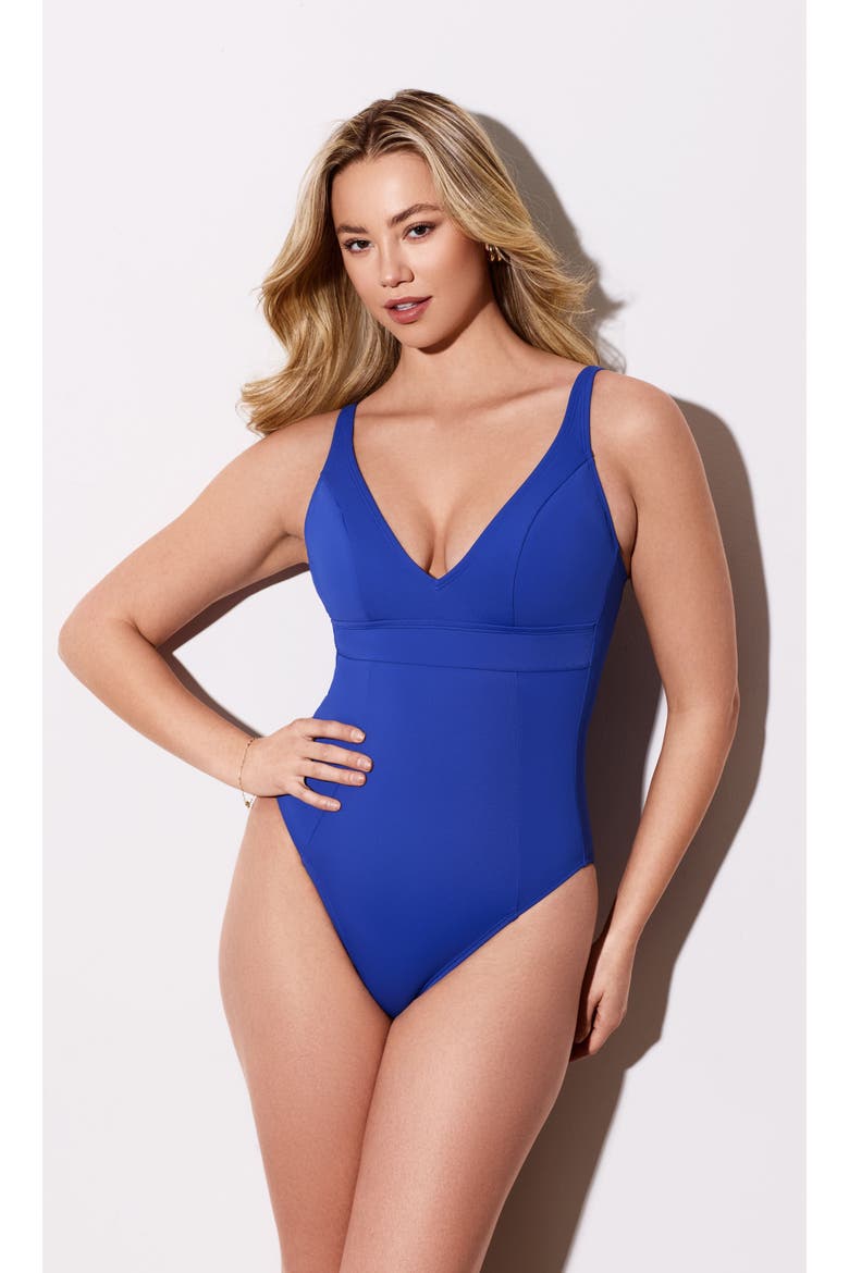 Supportive and Sculpting Banded Plunge V-Neck One-Piece Swimsuit, Alternate, color, Indigo