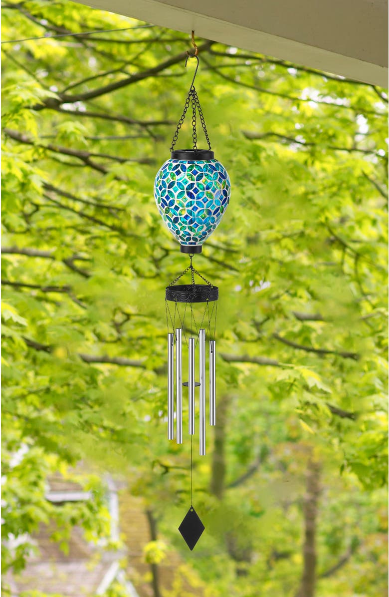 Glitzhome 37"H Solar Lighted Metal and Glass Mosaic Windchime, Alternate, color, Green