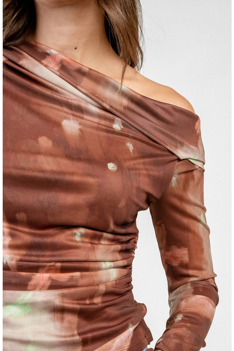 Asymmetric Off the Shoulder Mesh Top, Alternate, color, RUST