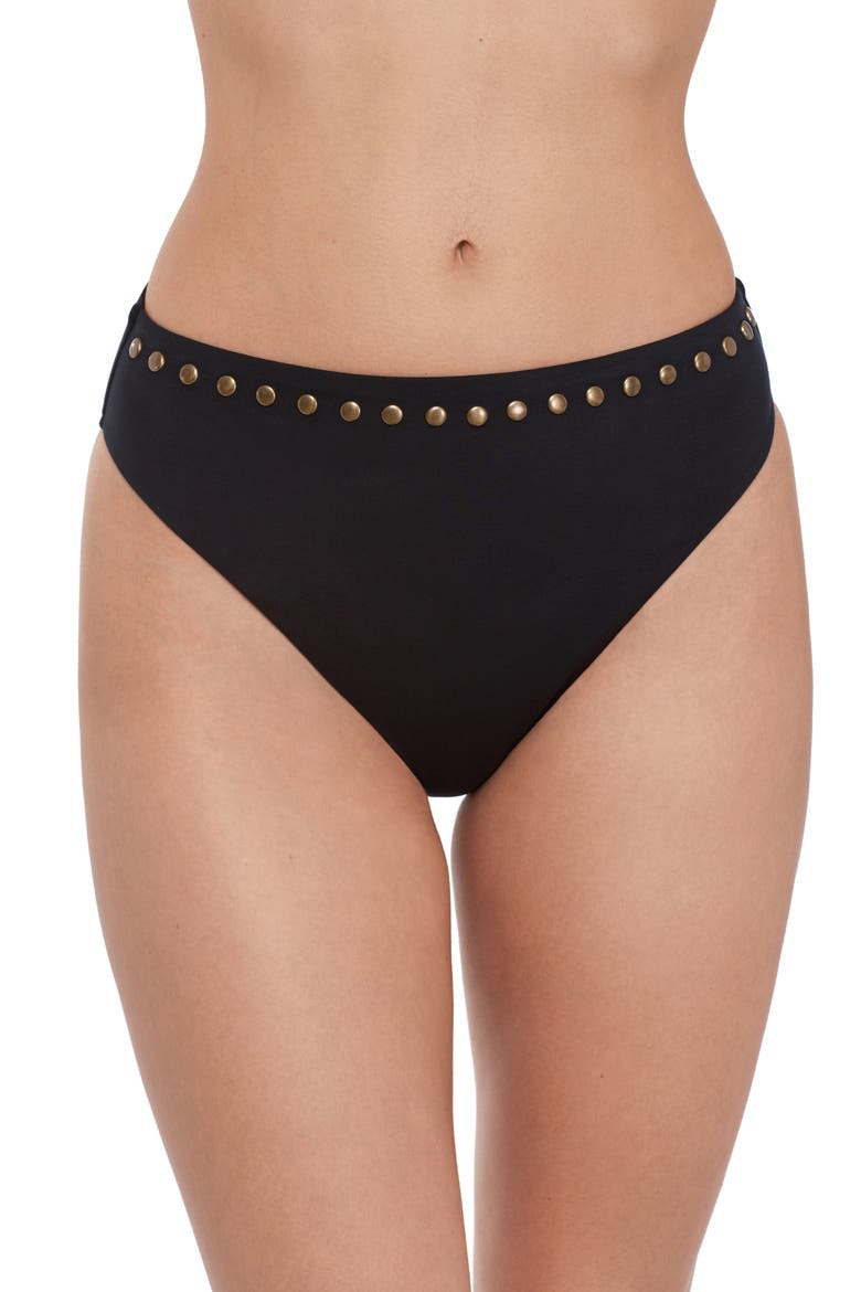 Studded High Cut Bikini Bottoms, Main, color, BLACK