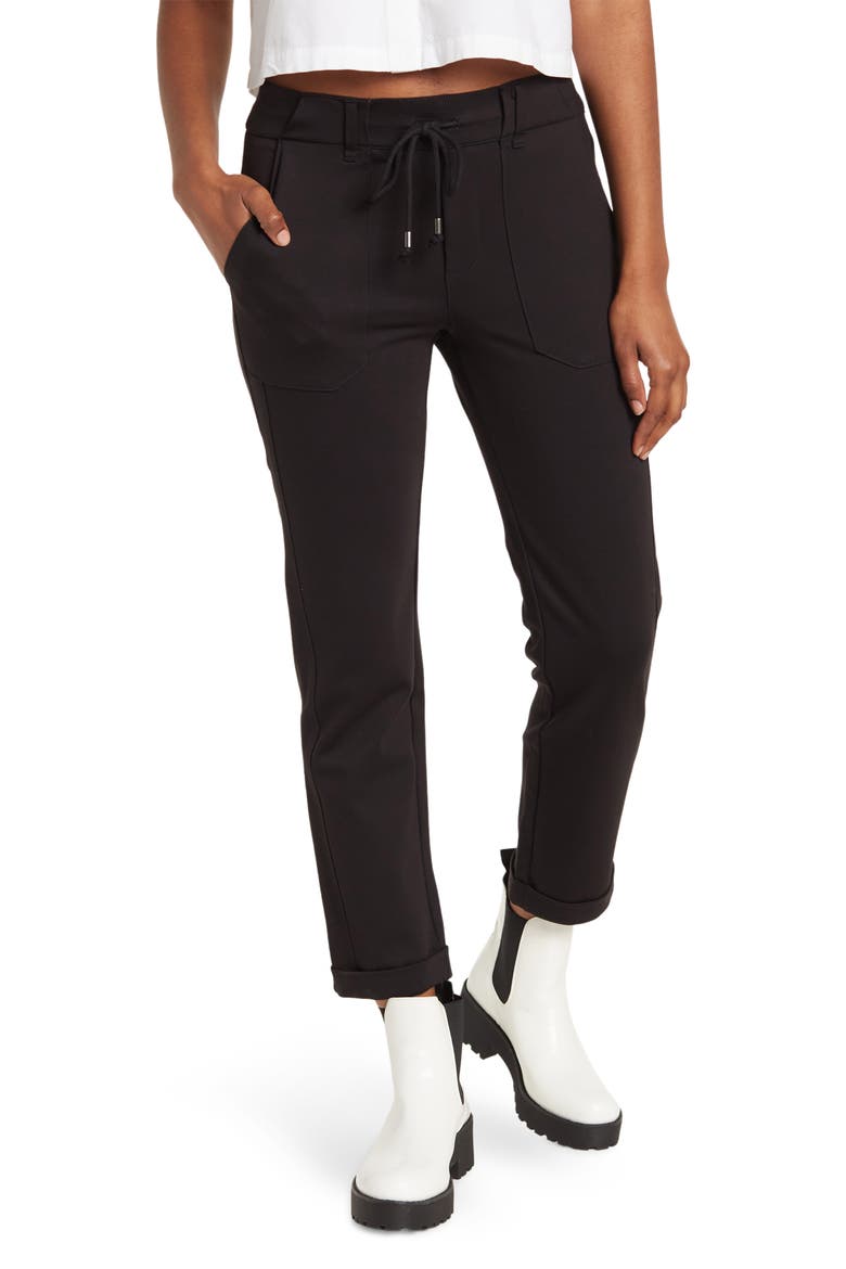 Ab Leisure High Rise Patch Pocket Utility Roll Cuff Drawstring Pants, Main, color, BLACK