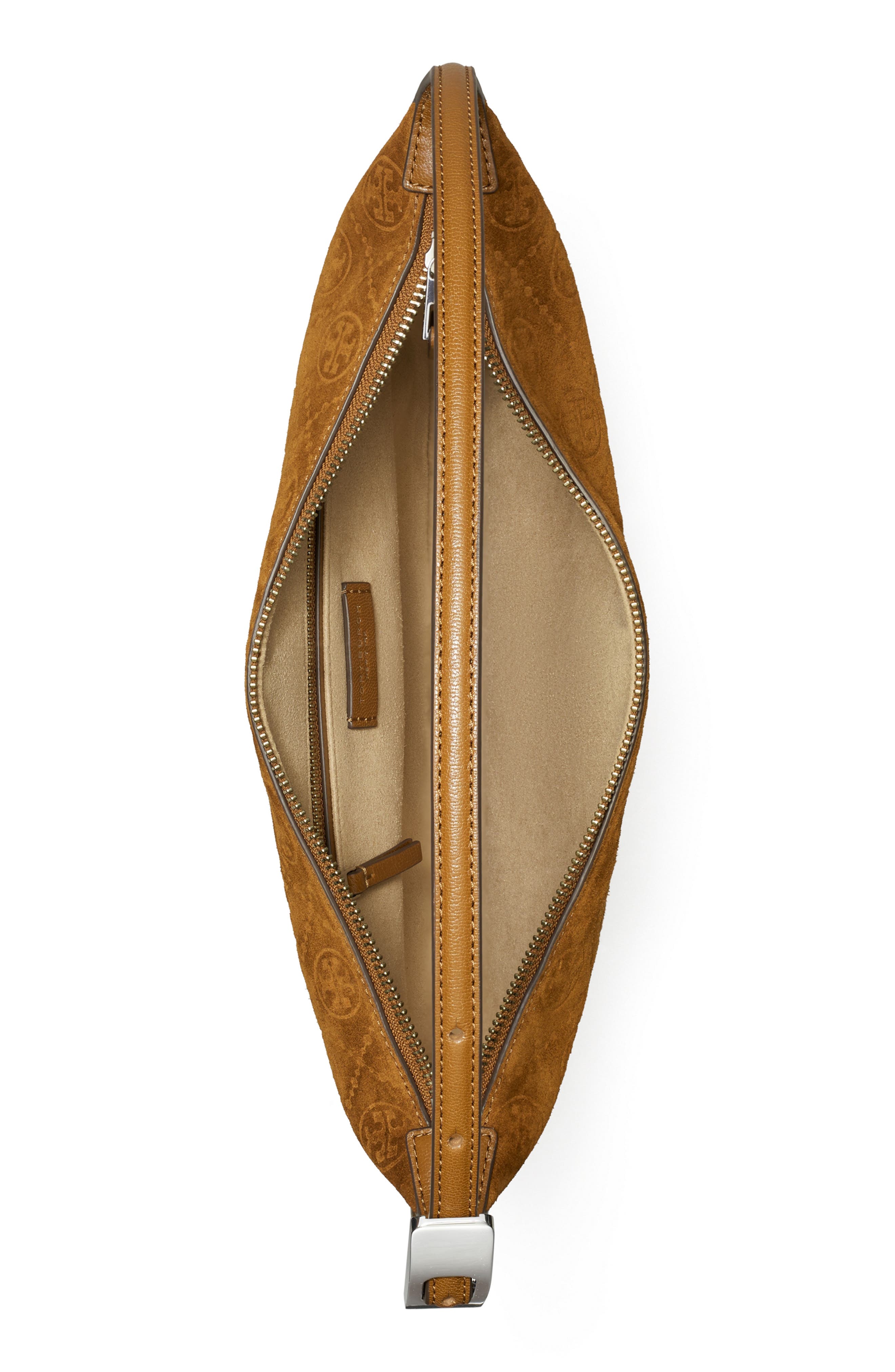 Tory Burch Small T Monogram Suede Balloon Bag, Alternate, color, Chicory Brown