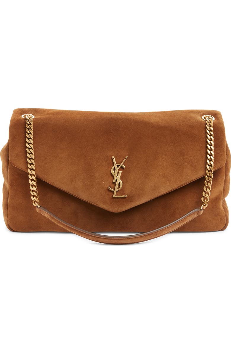 Saint Laurent Large Calypso Suede Shoulder Bag, Main, color, Caramel Cognac