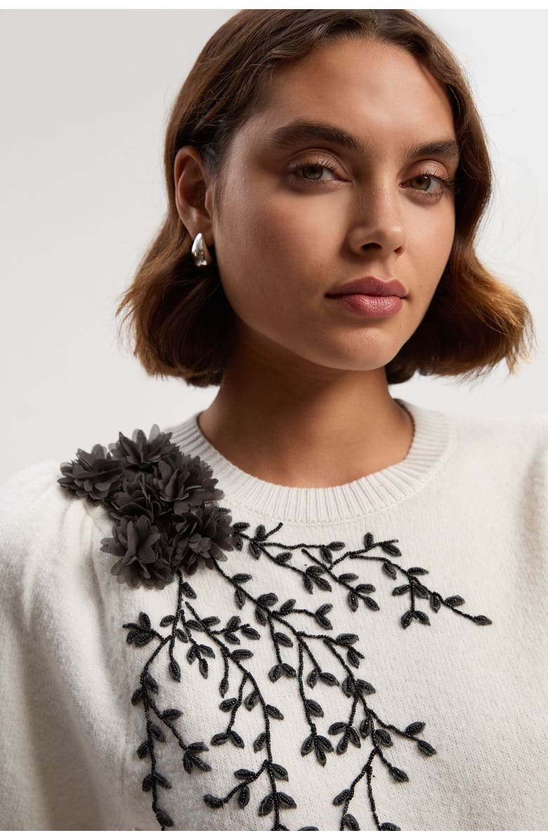 Karen Millen Flower And Beaded Puff Sleeve Knit Tee, Alternate, color, Ivory