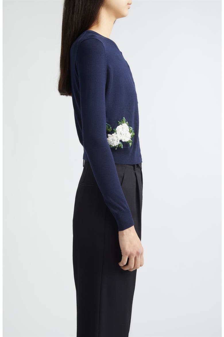 Rose Embroidered Appliqué Silk & Cotton Crop Cardigan, Alternate, color, MIDNIGHT