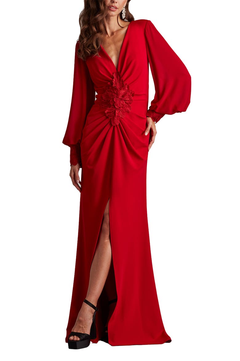 Floral Detail Long Sleeve Crepe Chiffon Gown, Alternate, color, CRANBERRY