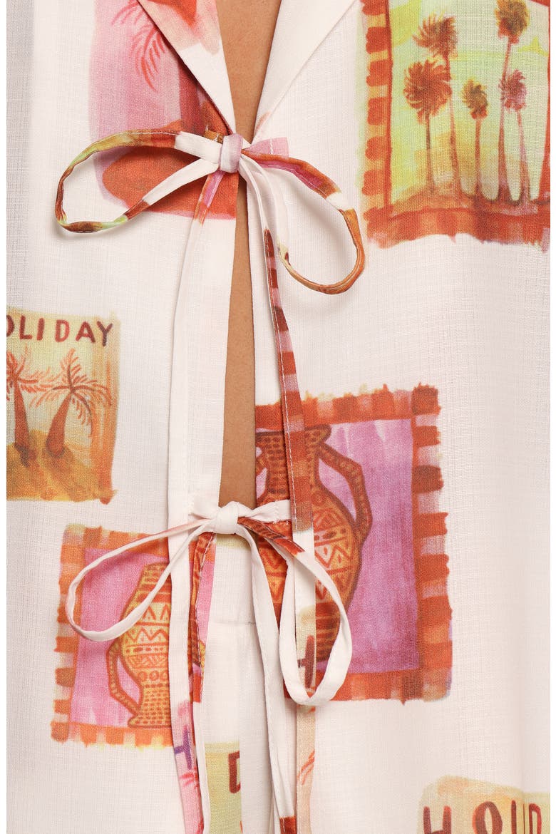 Aaliyah Postcard Print Tie Front Shirt, Alternate, color, WHITE MULTI