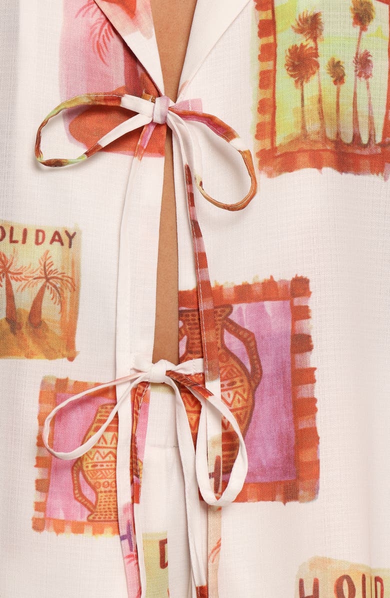 Petal & Pup Aaliyah Postcard Print Tie Front Shirt, Alternate, color, White Multi