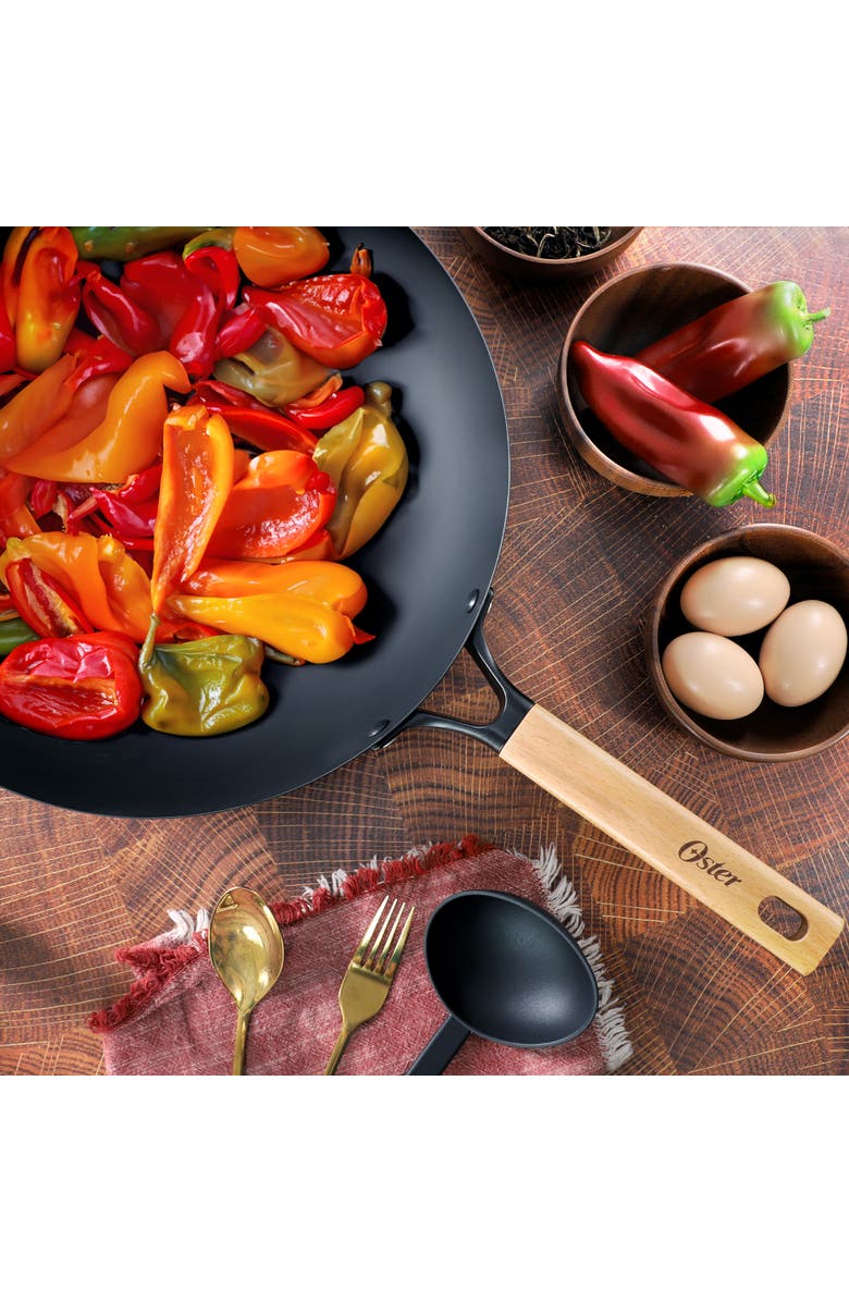 OSTER Northcliffe 13.5 Inch Round Carbon Steel Flat Base Wok with Wooden Handles, Alternate, color, Black