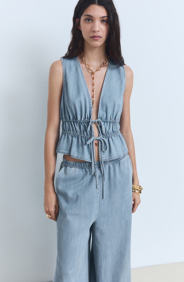 MANGO Siros Pull-On Wide Leg Denim Pants, Alternate, color, Light Blue