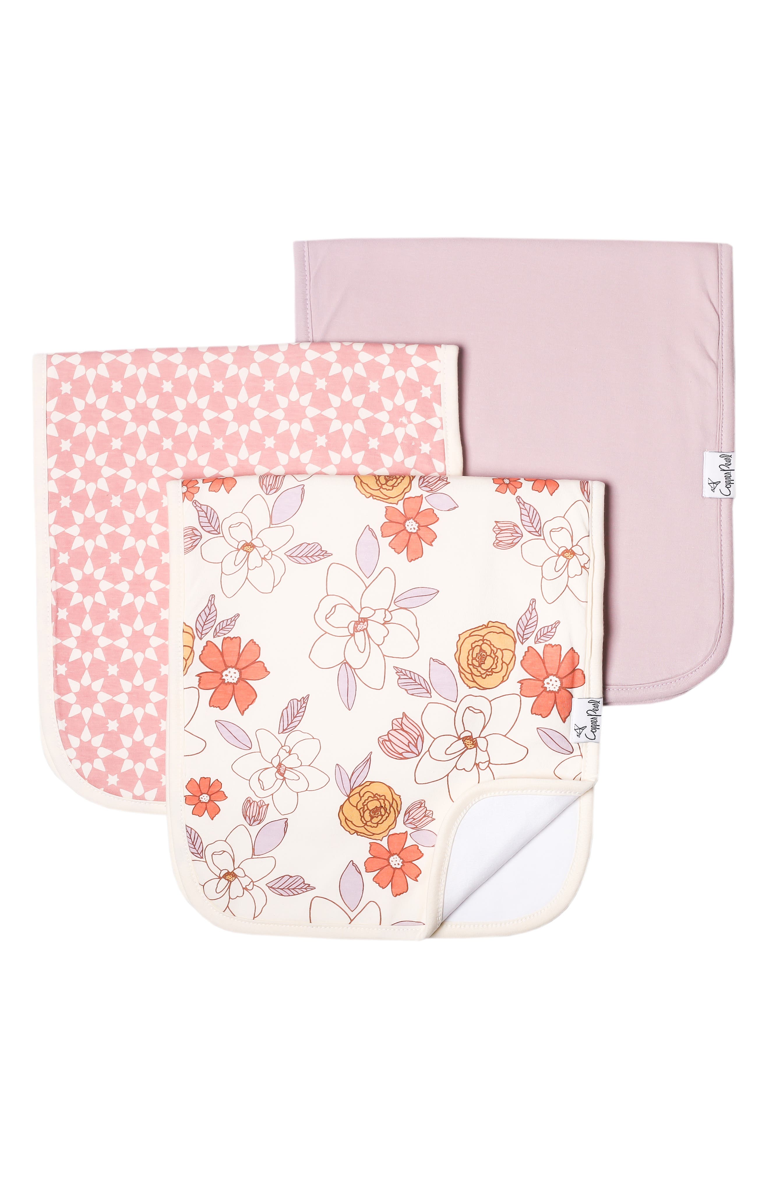 Copper Pearl Ferra Assorted 3-Pack Cotton Burp Cloths in White/Pink/Orange 