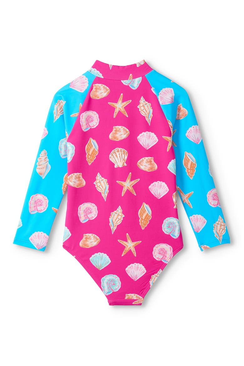 Kids' Ocean Shells Long Sleeve One-Piece Rashguard Swimsuit, Alternate, color, ROSE VIOLET