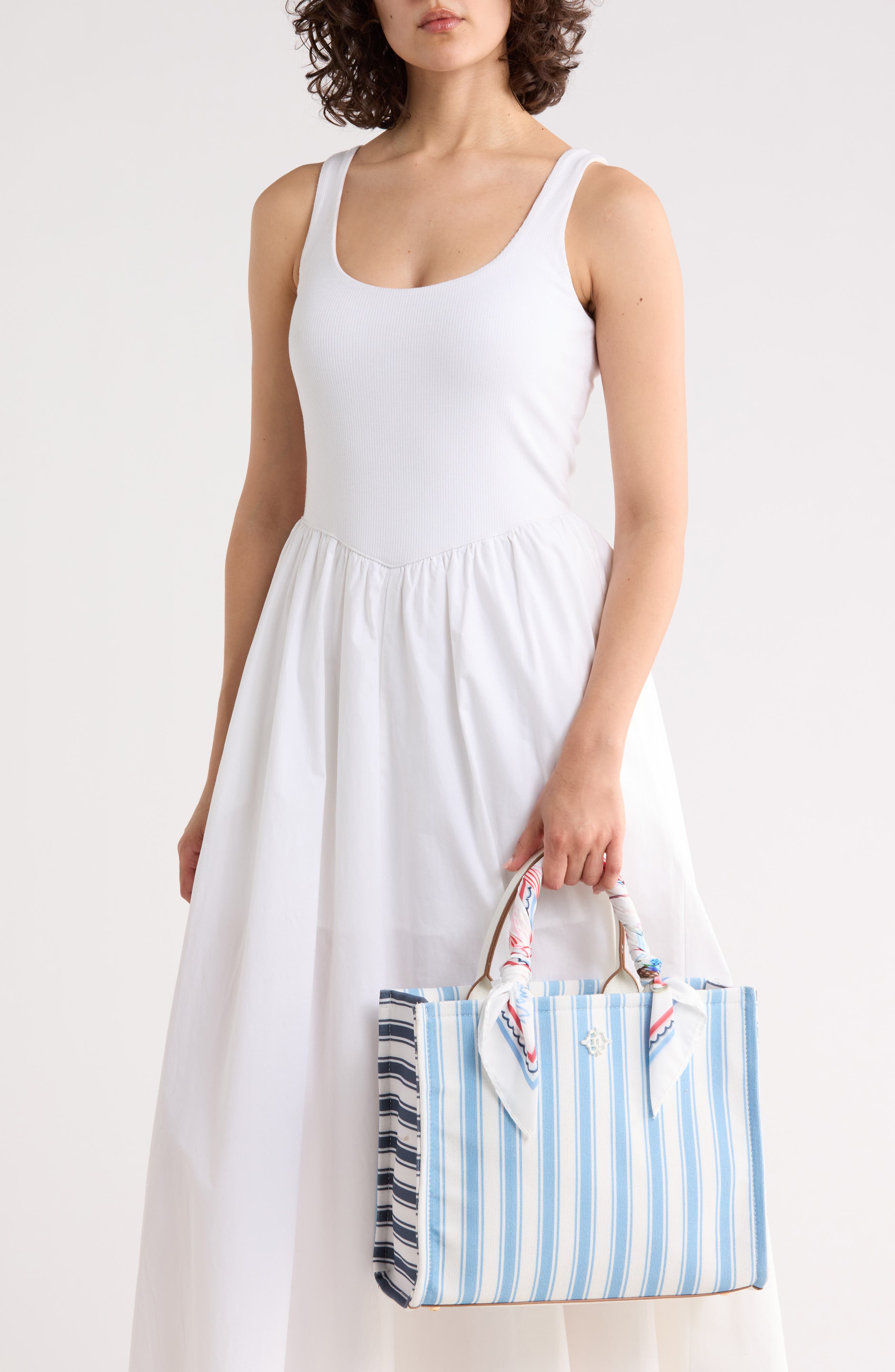 Nanette Lepore Printed Canvas Square Tote Bag, Alternate, color, Blue Multi Stripe/ Chalk