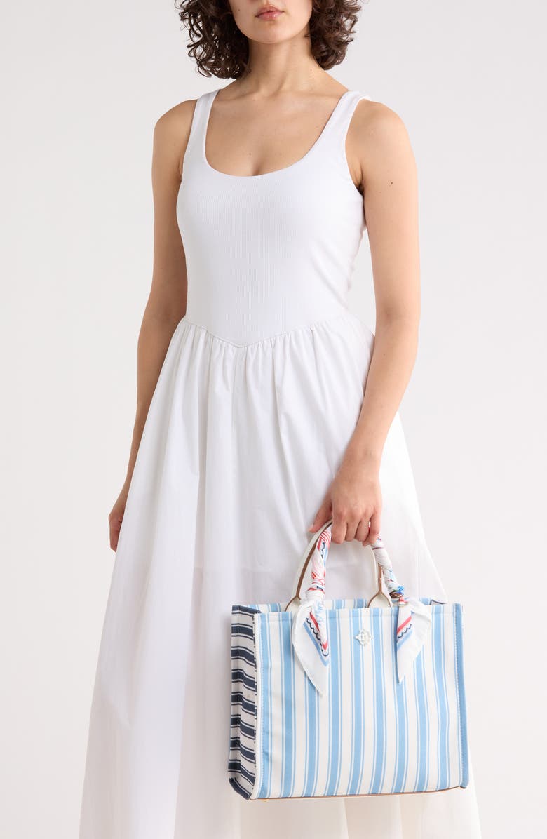 Nanette Lepore Printed Canvas Square Tote Bag, Alternate, color, Blue Multi Stripe/ Chalk