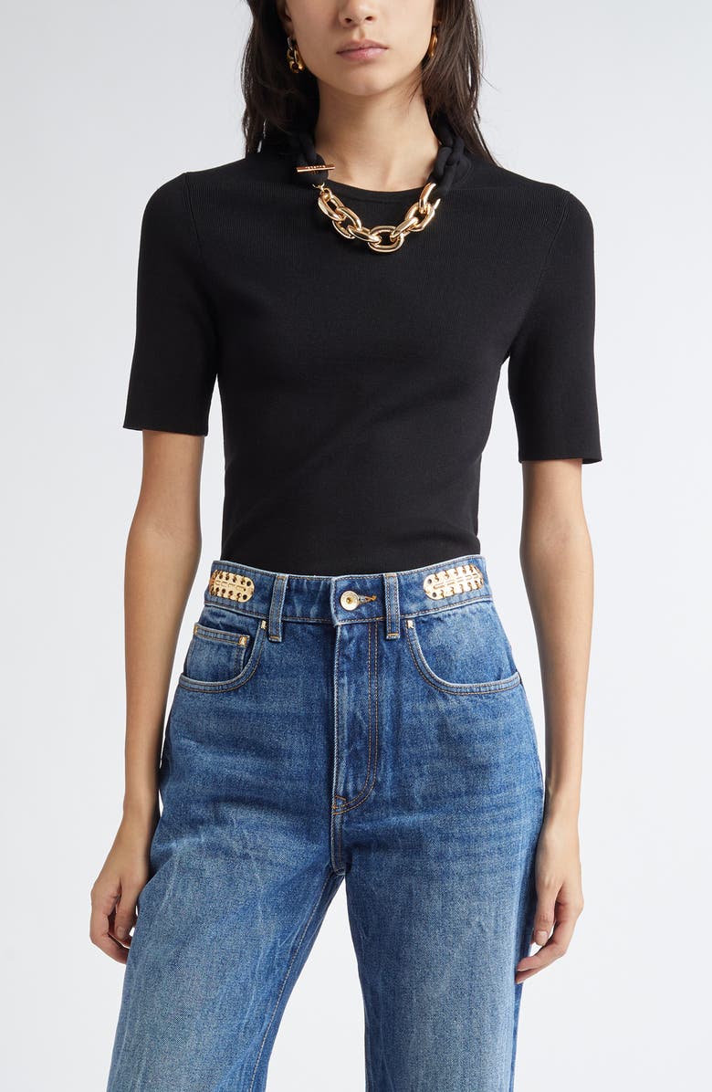 Rabanne Chain Detail Silk & Cotton Rib Top, Main, color, 