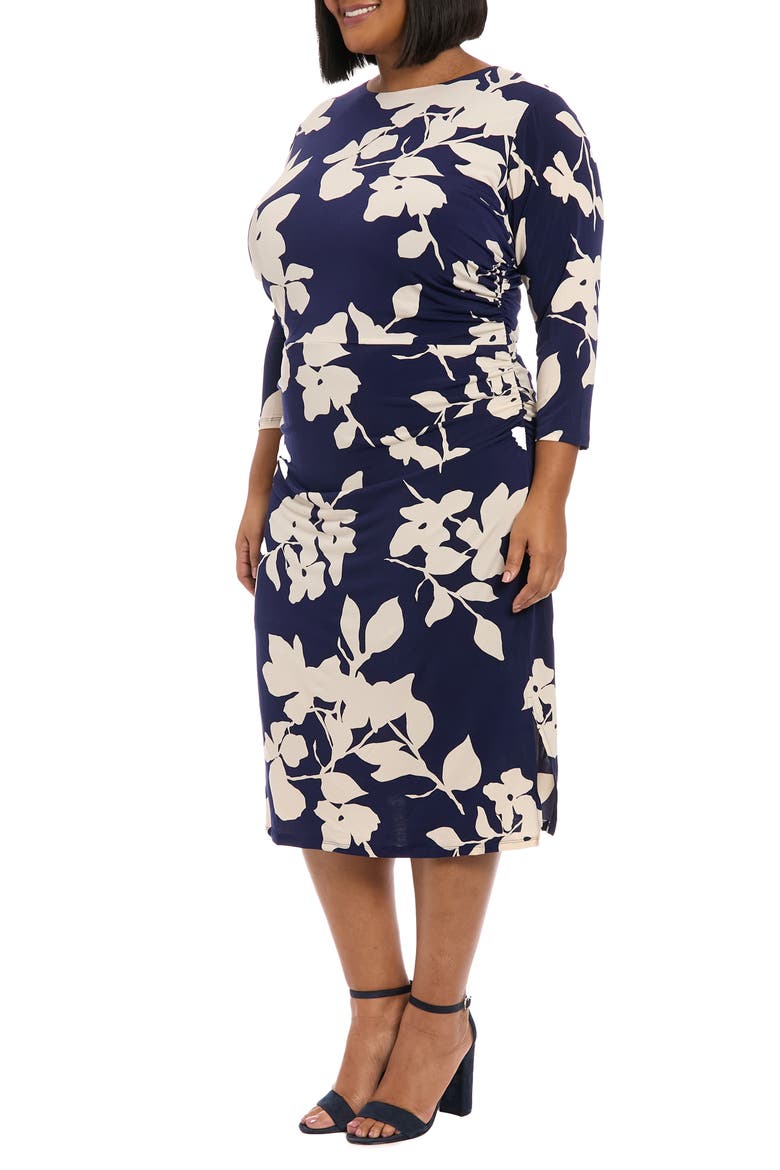 Ruched Long Sleeve Midi Dress, Alternate, color, NAVY/ CREAM