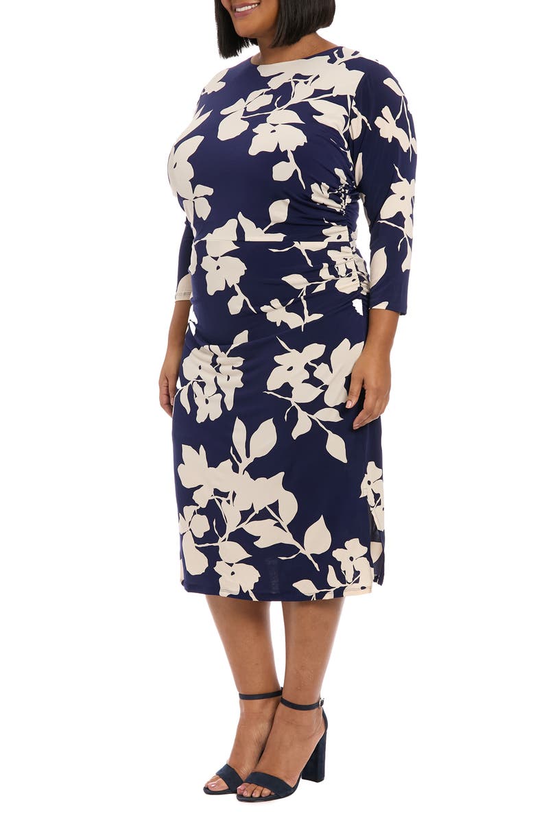 London Times Ruched Long Sleeve Midi Dress, Alternate, color, Navy/ Cream