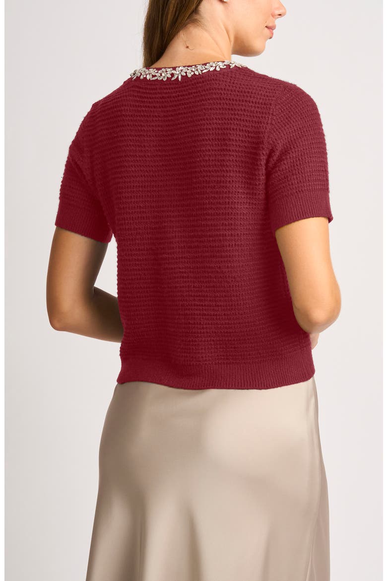 Embellished Short Sleeve Cotton Blend Cardigan, Alternate, color, CELOSIA RED