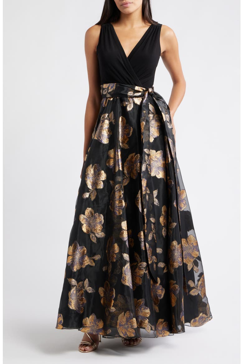 Floral Metallic Sleeveless Mixed Media Ballgown, Main, color, BLACK GOLD
